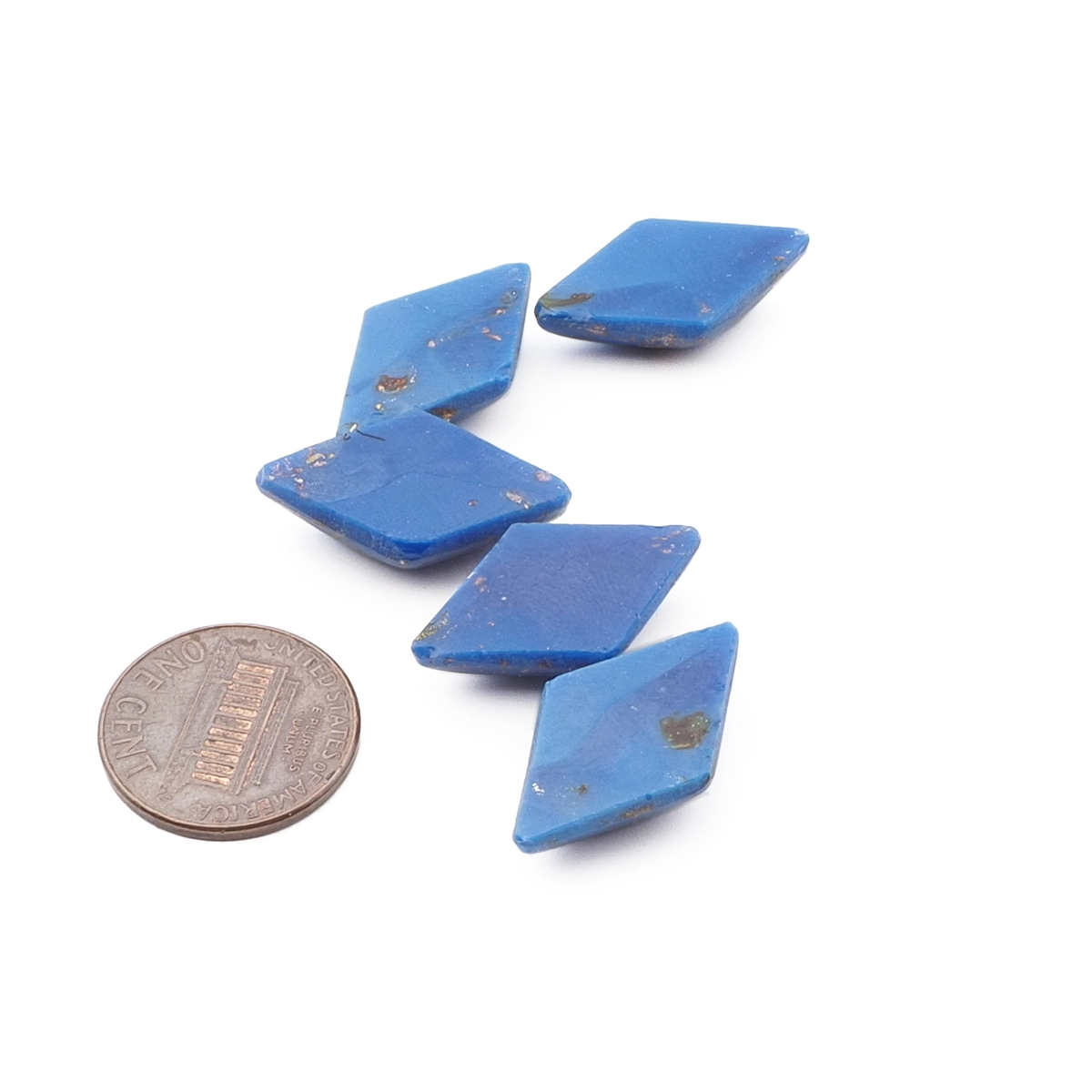 Lot (5) Czech vintage gold foil blue Lapis rhomboid glass cabochons 24x14mm