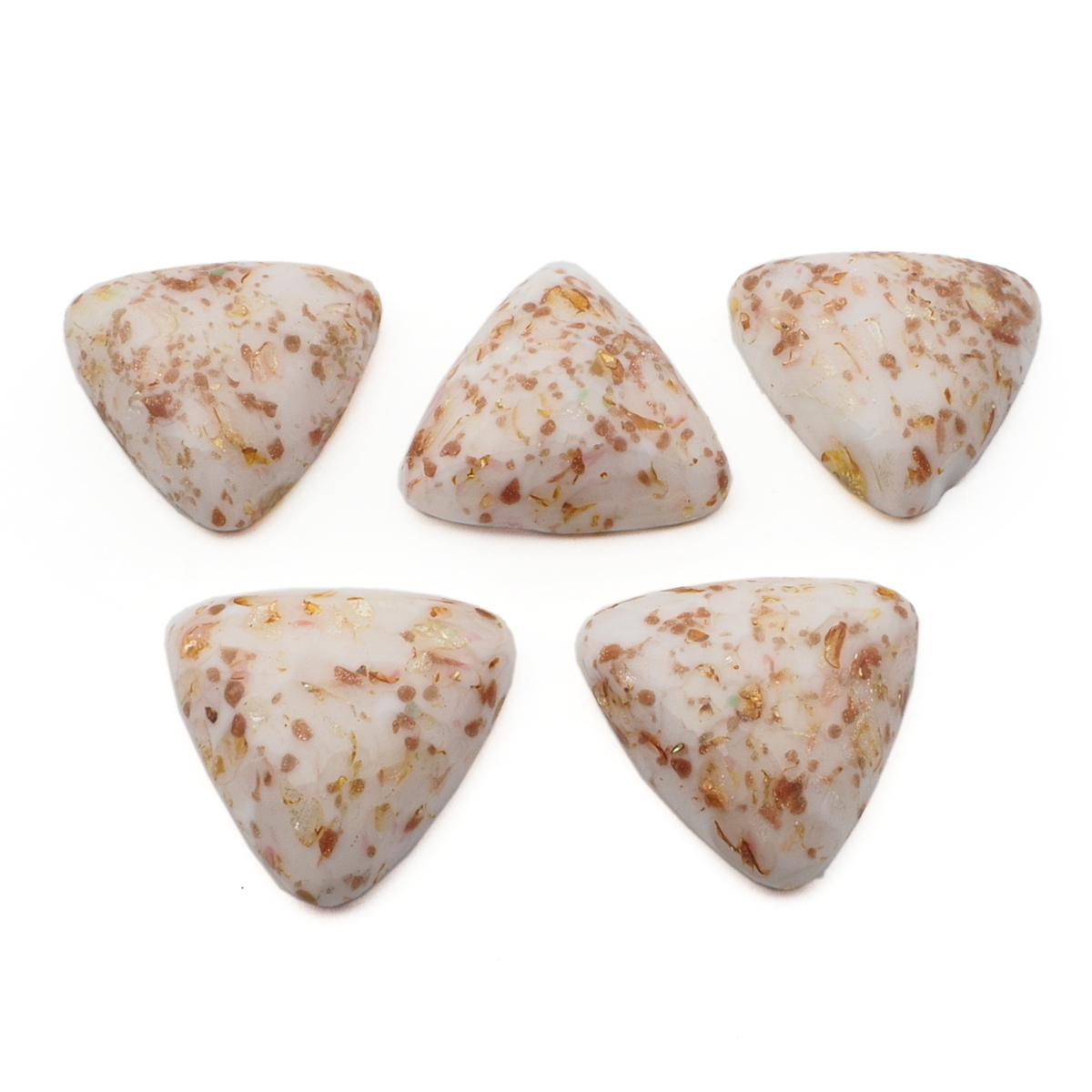 Lot (5) Czech vintage gold fleck white triangle glass cabochons 20mm