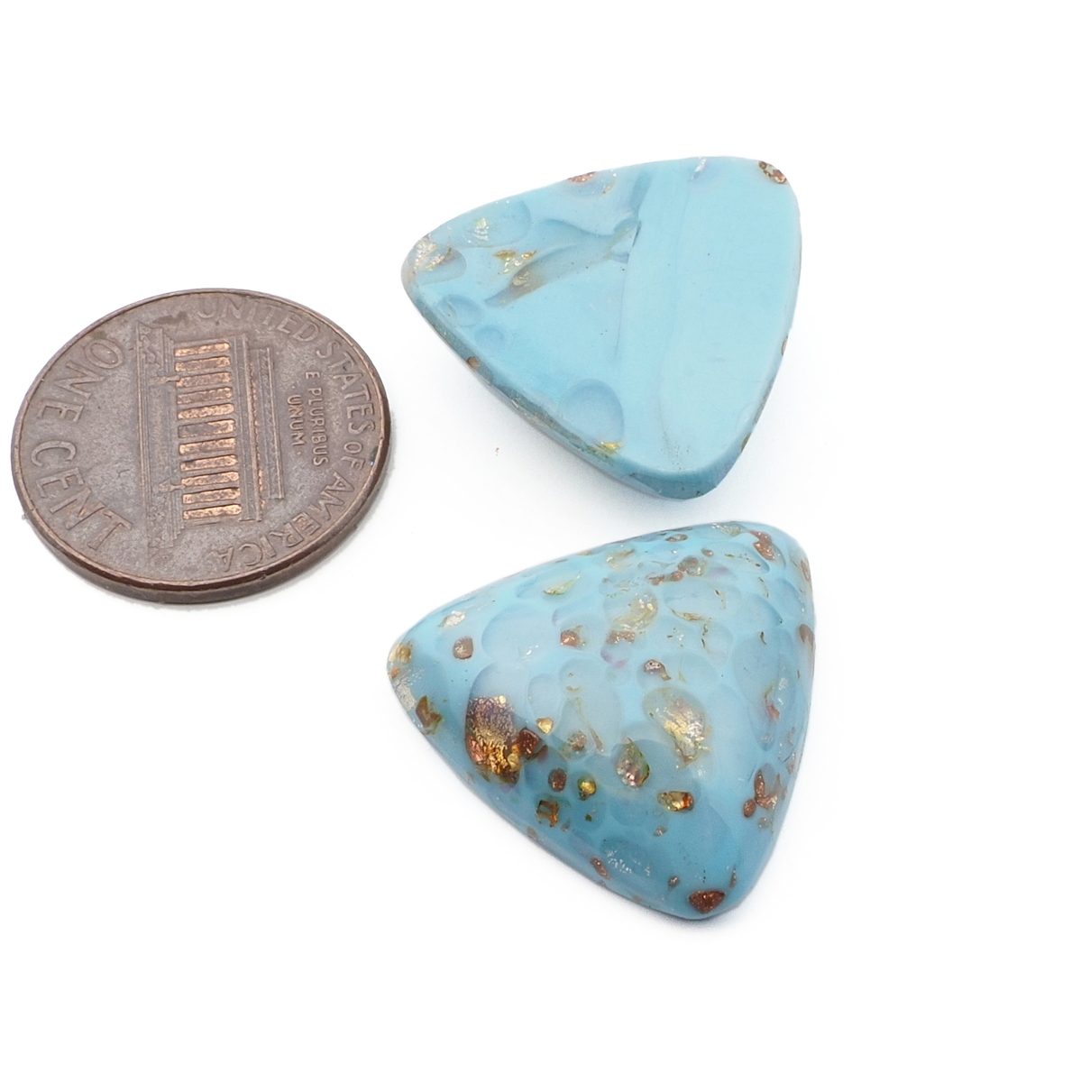 Lot (2) Czech vintage blue marble gold foil triangle glass cabochons 20mm