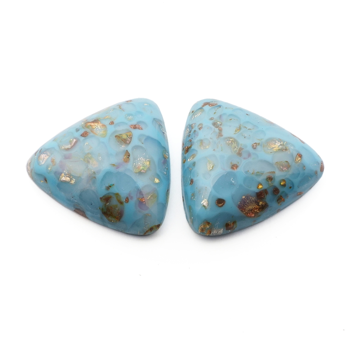 Lot (2) Czech vintage blue marble gold foil triangle glass cabochons 20mm