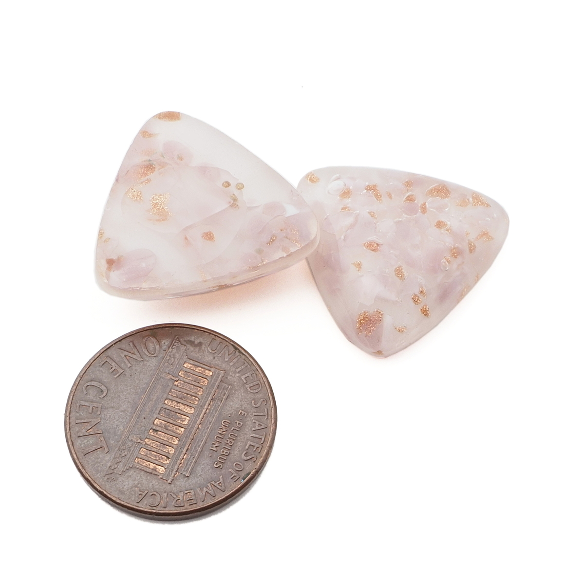 Lot (2) Czech vintage pink satin aventurine triangle glass cabochons 20mm