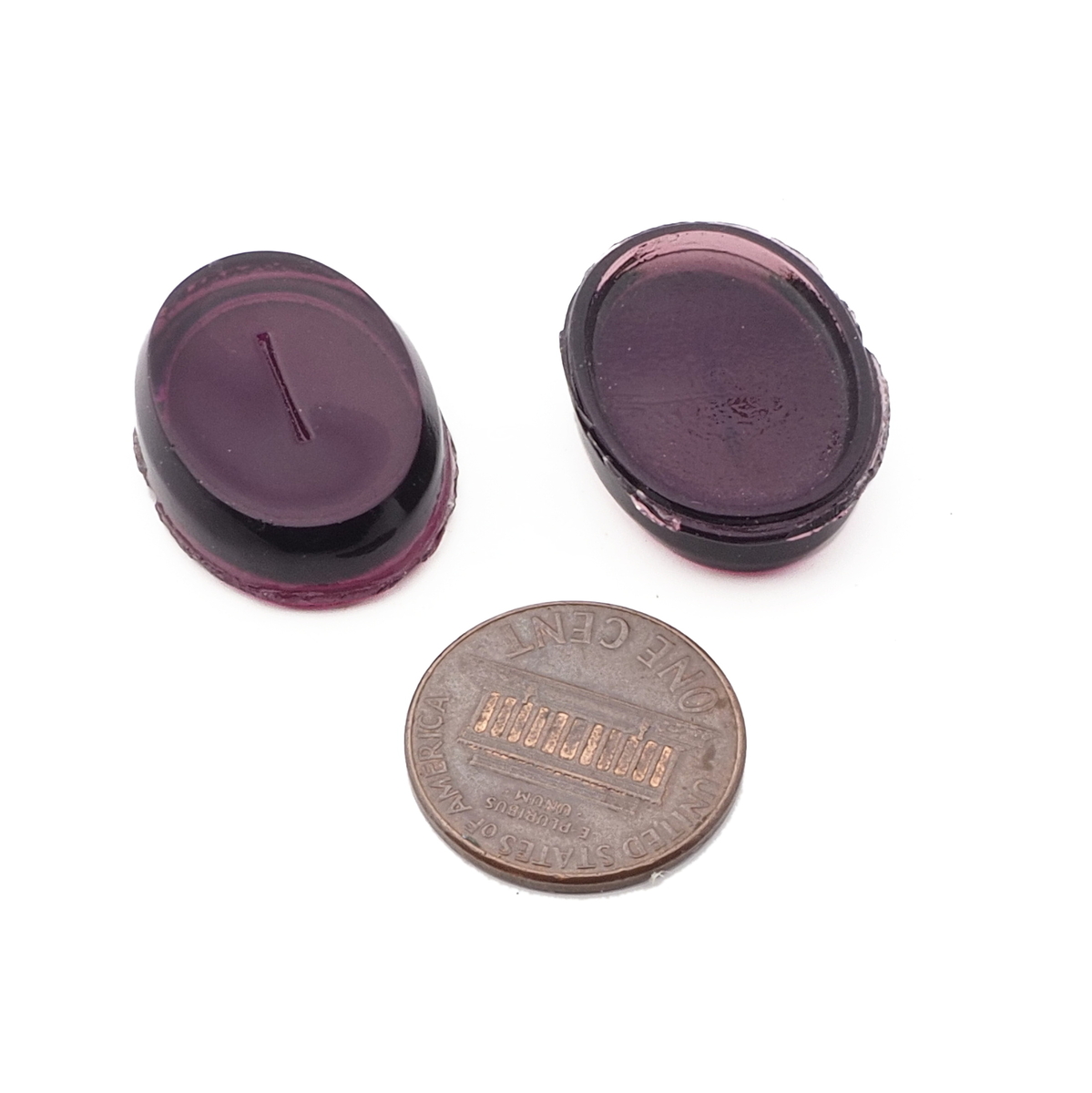 Lot (2) Czech purple oval lozenge glass cabochons 25x18mm