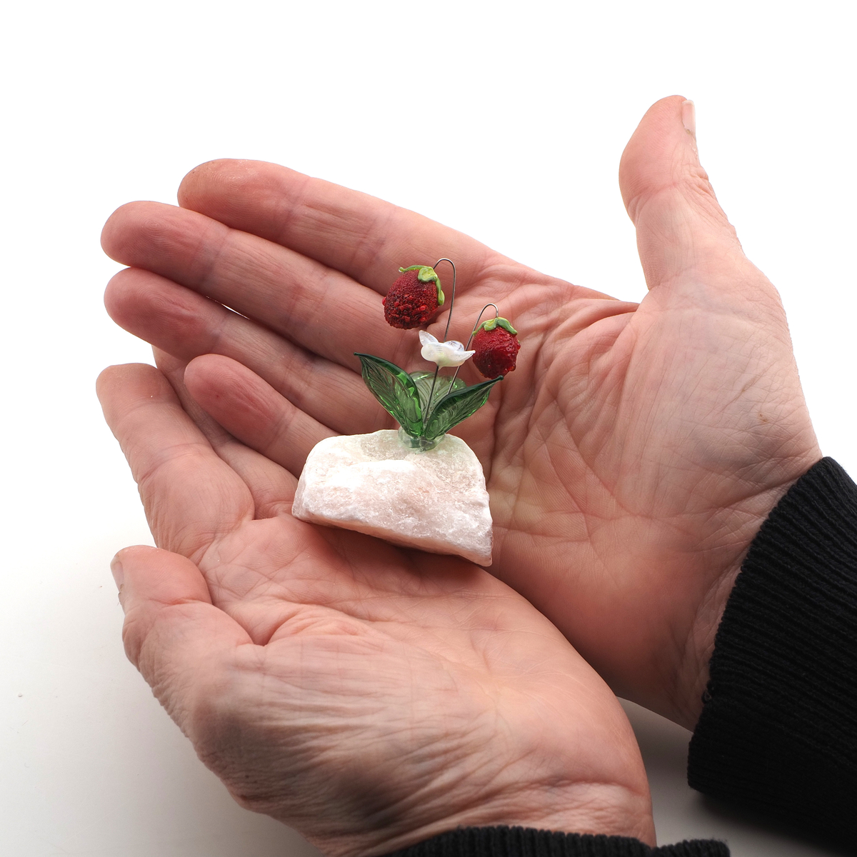 Czech lampwork glass bead wild alpine strawberry on stone art ornament 