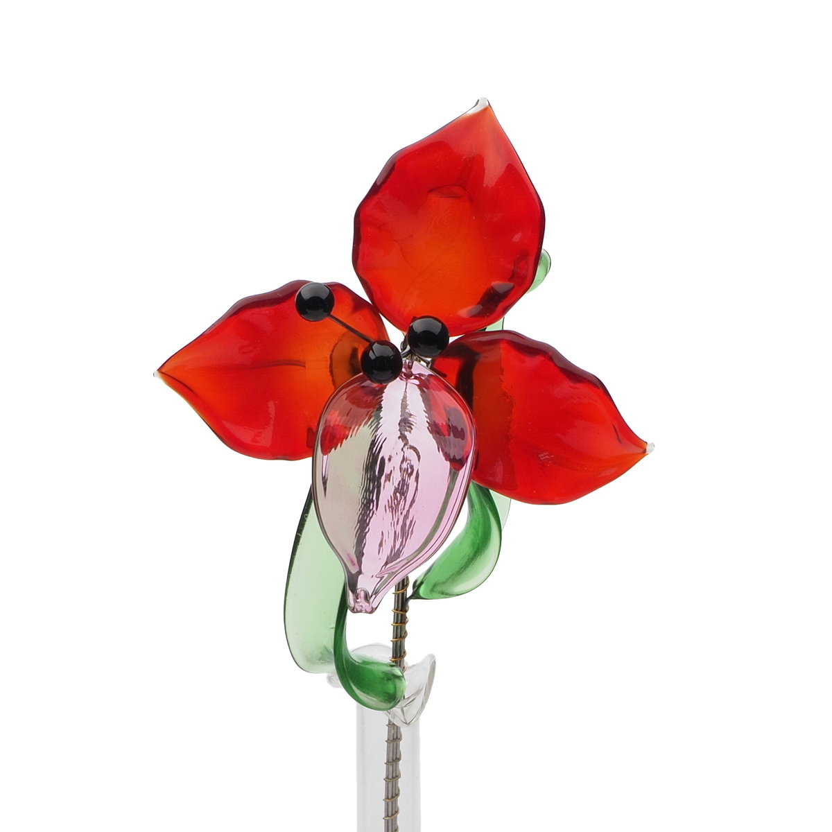 Czech lampwork glass bead mini red flower stem vase decoration ornament