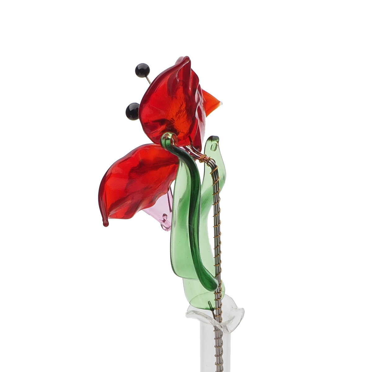 Czech lampwork glass bead mini red flower stem vase decoration ornament