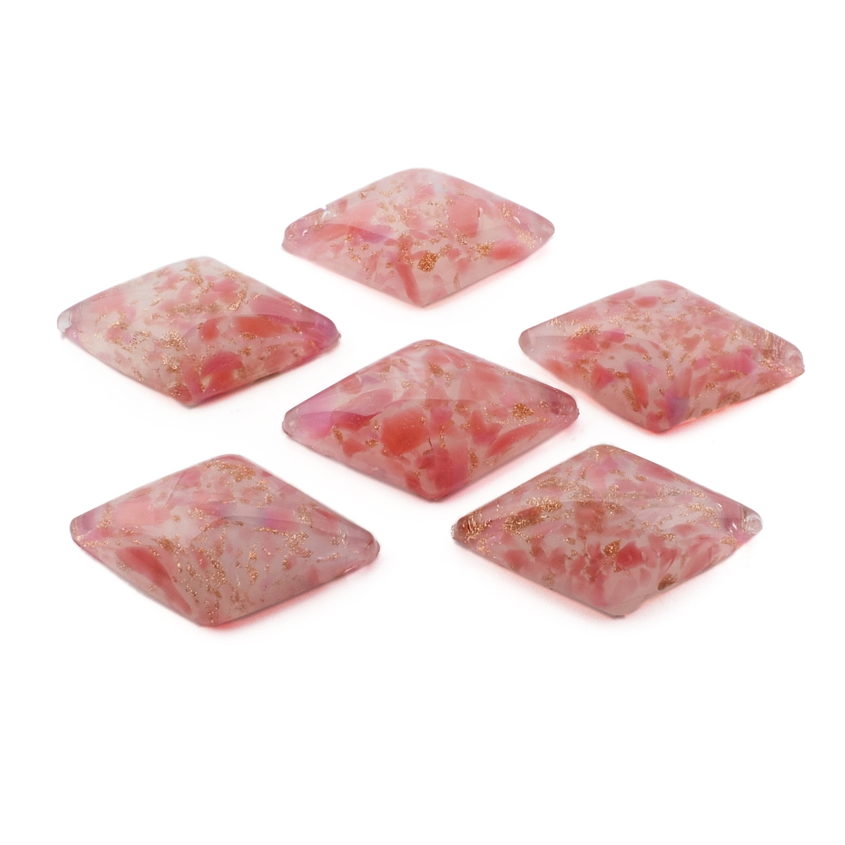 Lot (6) Czech vintage pink marble aventurine rhomboid glass cabochons 24x14mm