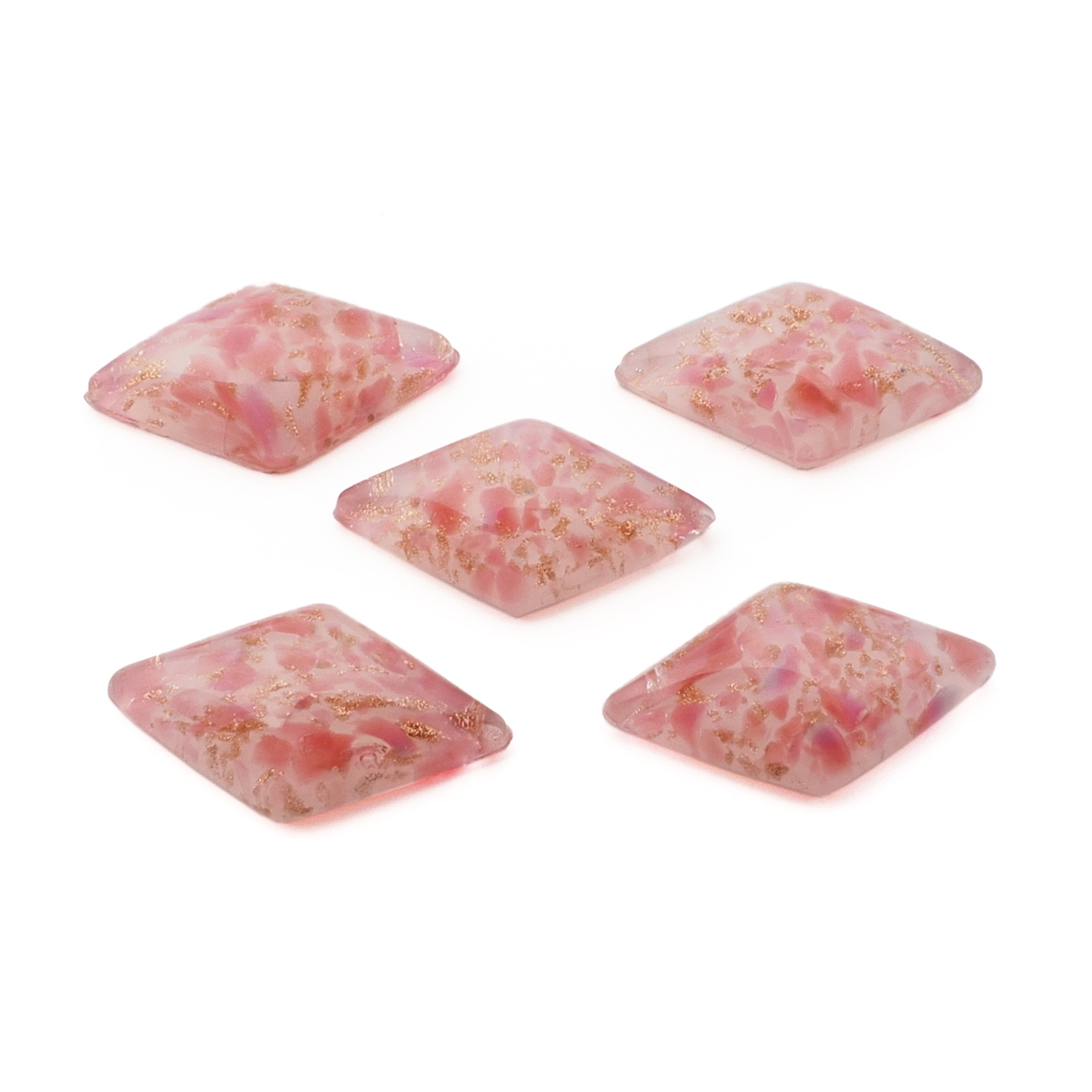 Lot (5) Czech vintage pink marble aventurine rhomboid glass cabochons 24x14mm