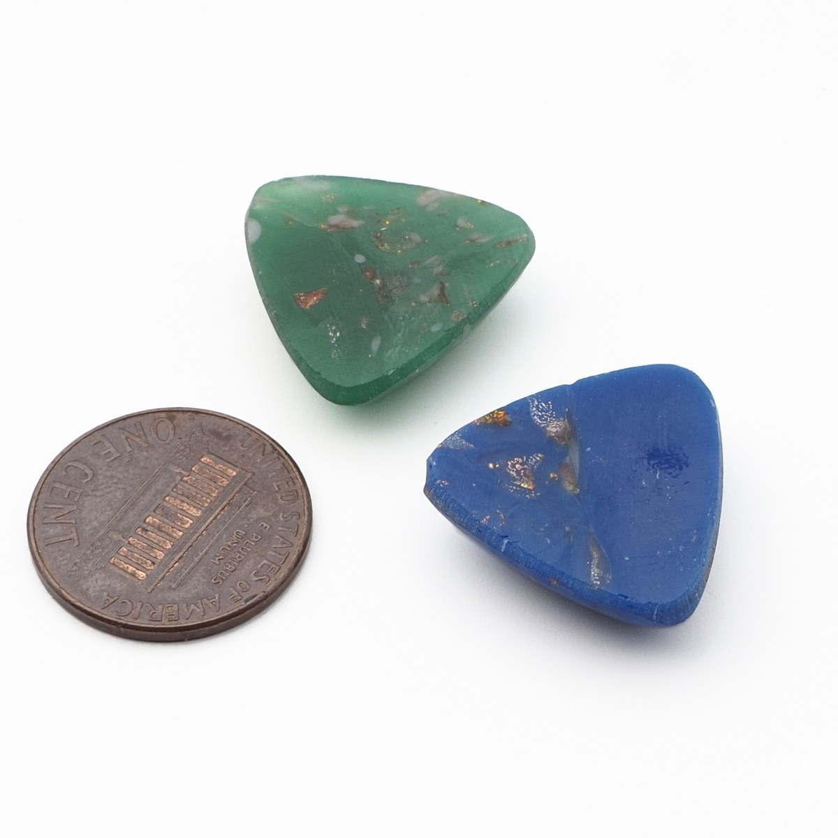 Lot (2) Czech vintage Lapis Chrysoprase marble aventurine triangle glass cabochons 20mm