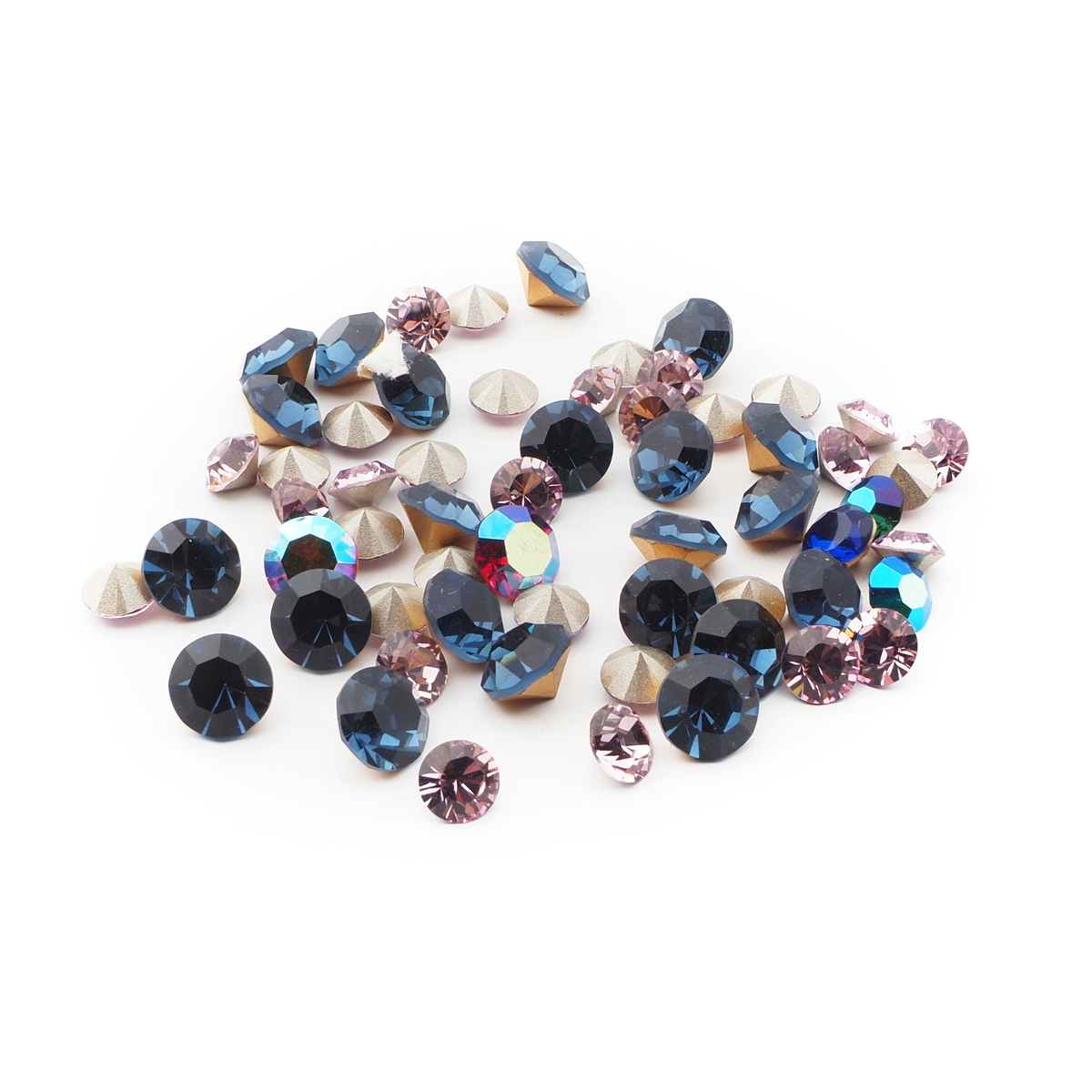 Lot (60) Czech vintage foiled blue purple vitrail glass rhinestones