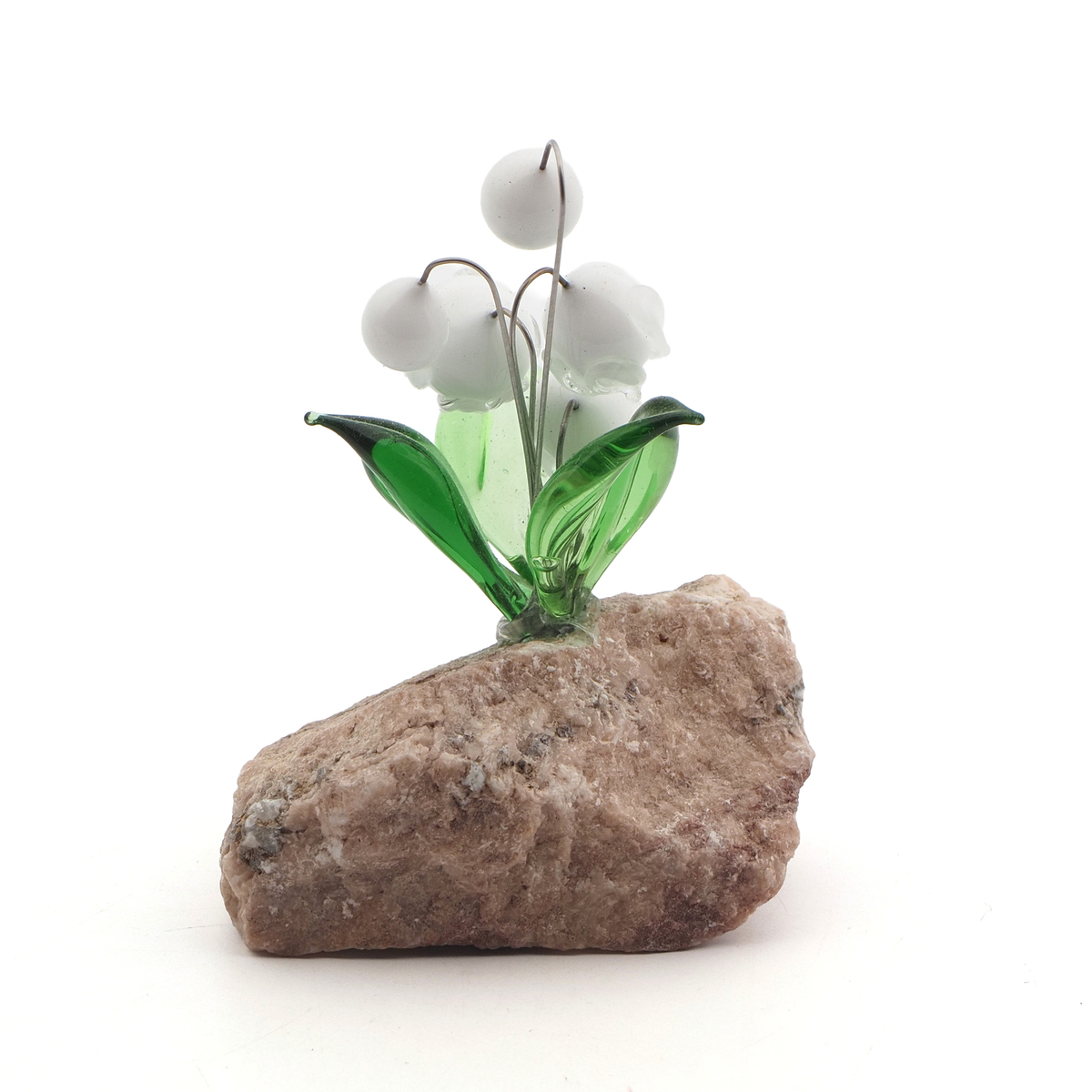 Czech lampwork glass bead 	 Lily of the Valley flowers on stone Art ornament 