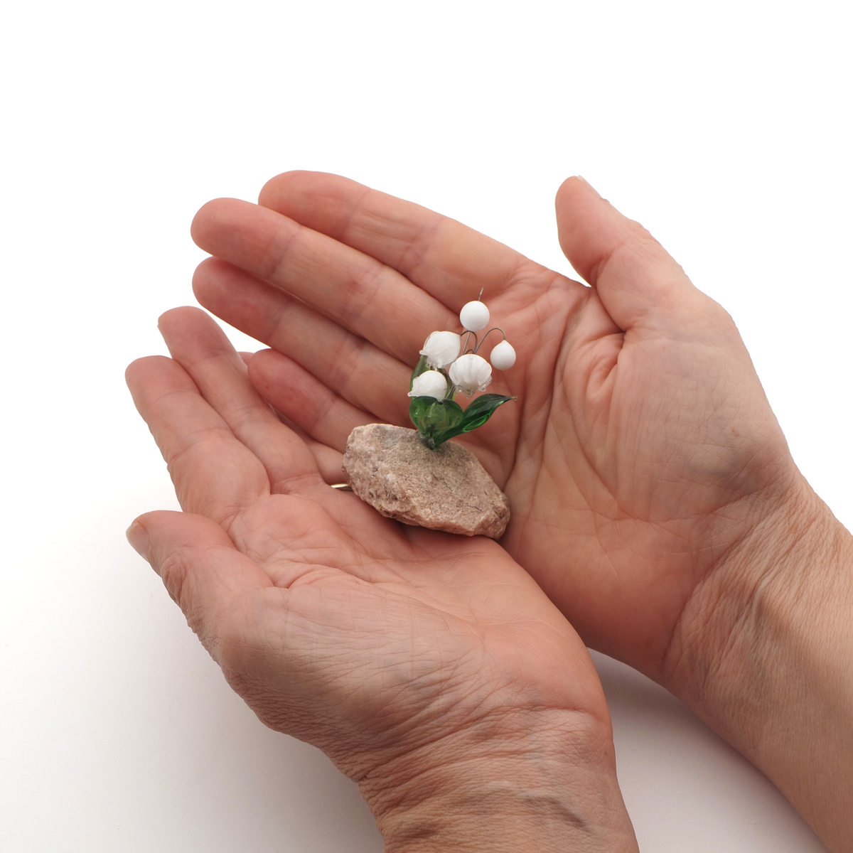 Czech lampwork glass bead 	 Lily of the Valley flowers on stone Art ornament 