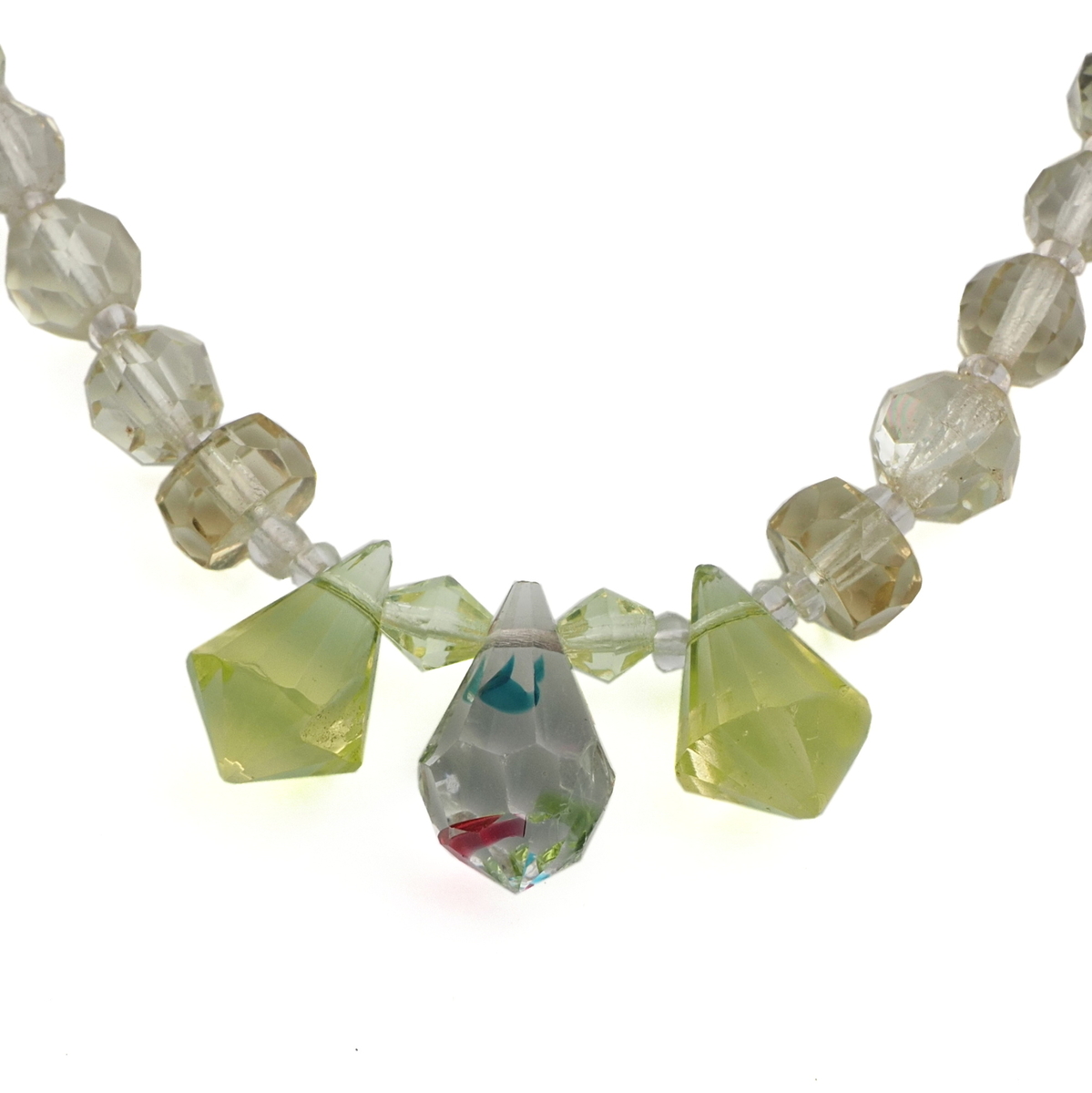 Vintage Czech necklace green uranium bicolor glass beads