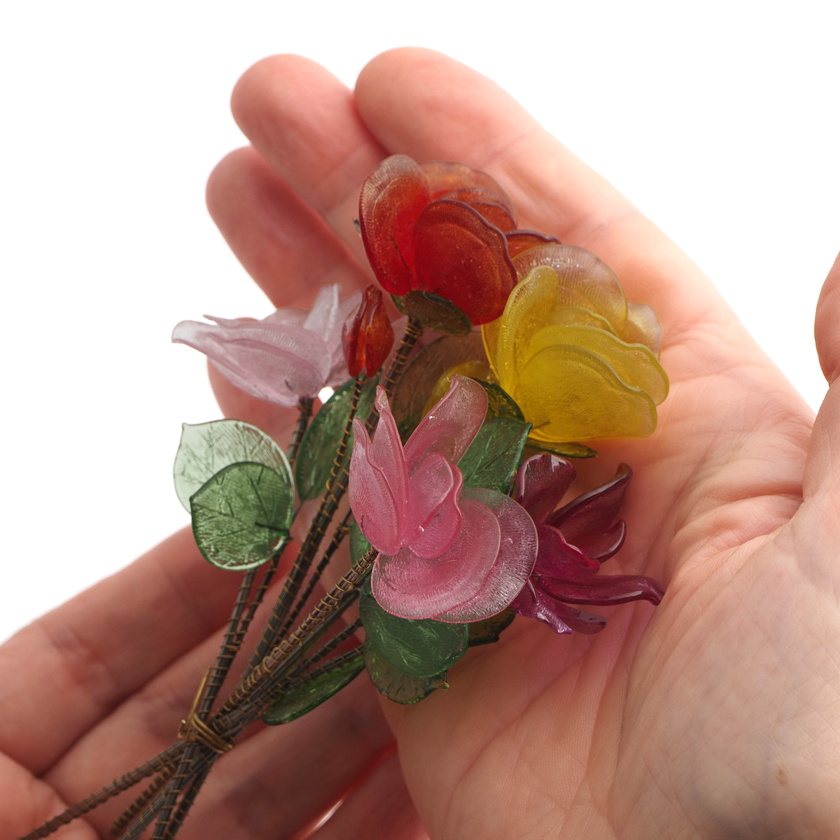 Glass flower stem 5.5" bouquet bunch red pink yellow lustre lampwork glass beads - kopie