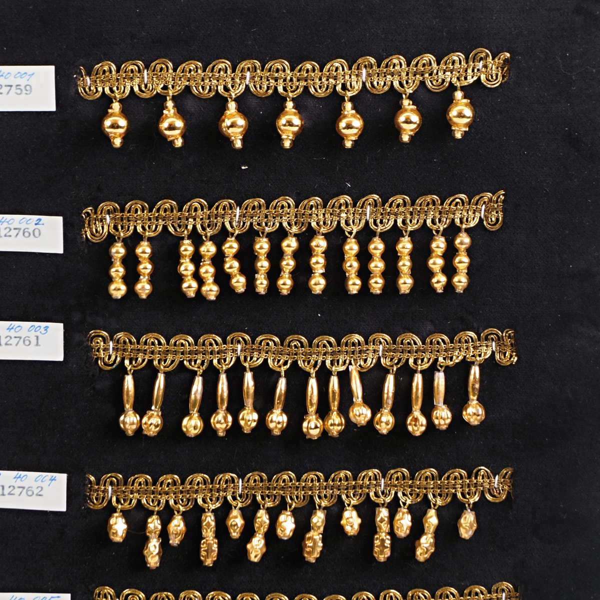 Vintage Czech 24 K gold hollow dangle drop beads ribbon lace trims lamp fringe dress millinery dolls sample card