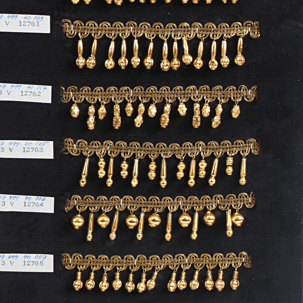 Vintage Czech 24 K gold hollow dangle drop beads ribbon lace trims lamp fringe dress millinery dolls sample card