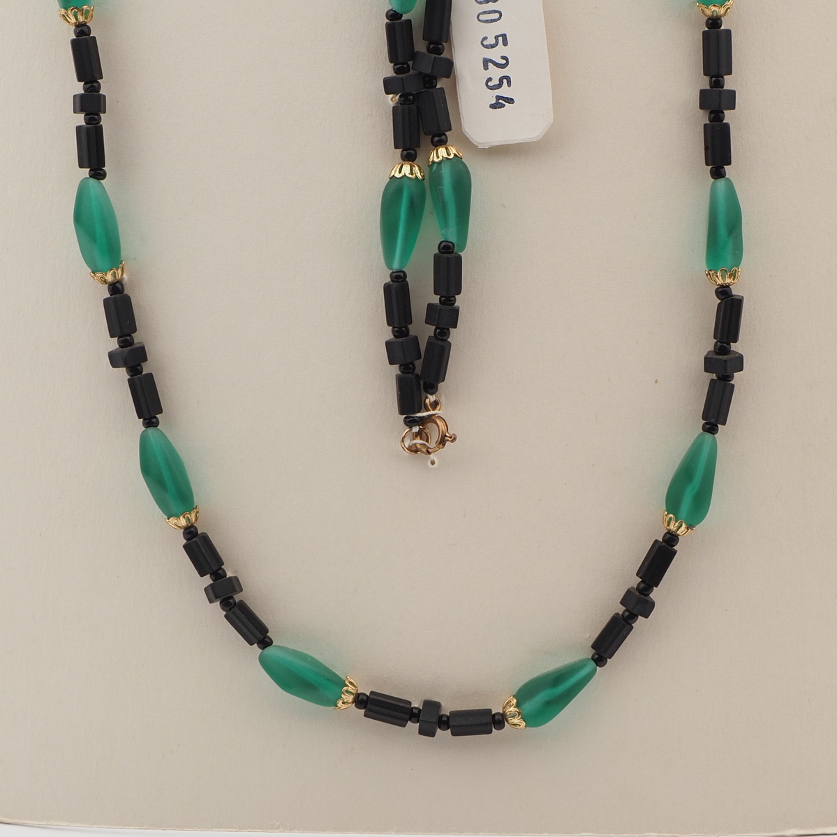 Vintage Czech necklace matte black frost green glass beads 