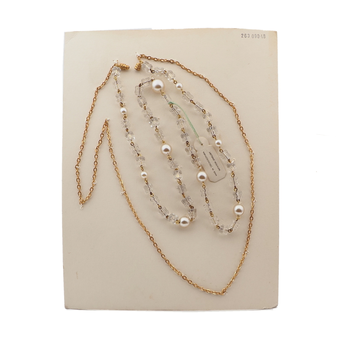 Vintage Czech gold chain necklace clear pentagon pearl glass beads 23"