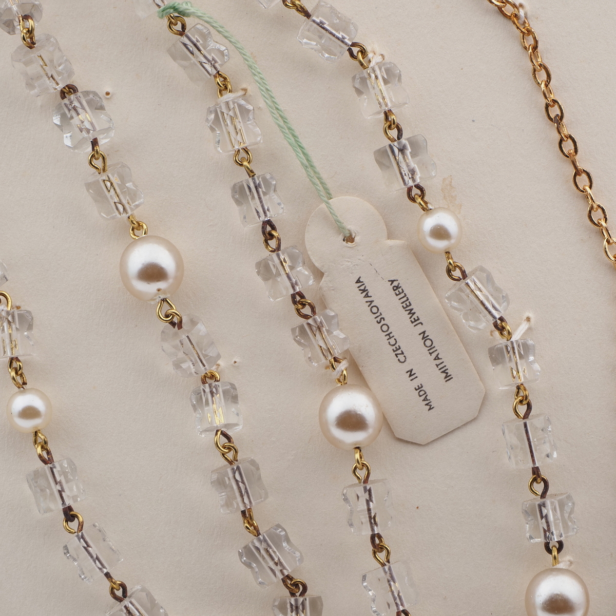 Vintage Czech gold chain necklace clear pentagon pearl glass beads 23"