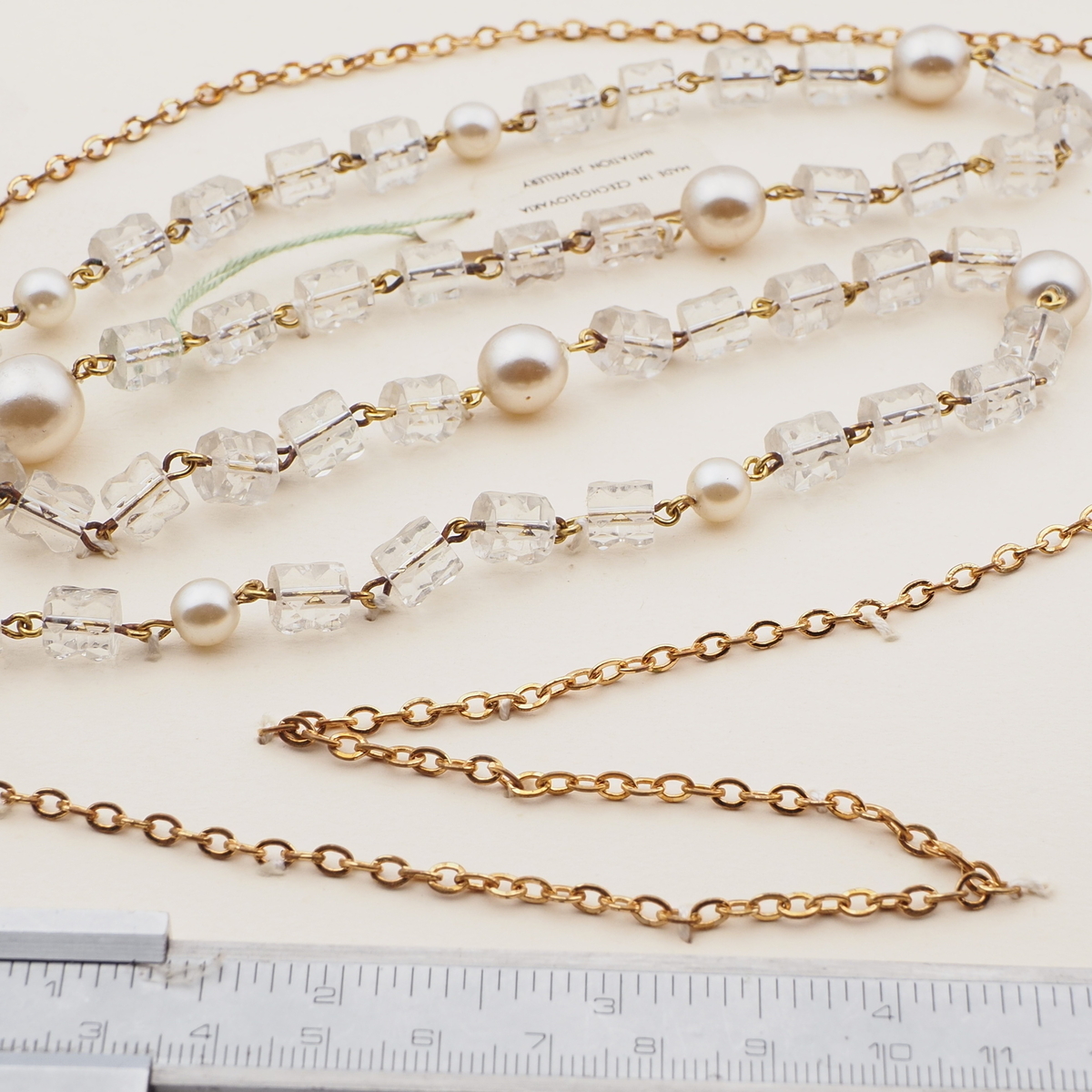 Vintage Czech gold chain necklace clear pentagon pearl glass beads 23"