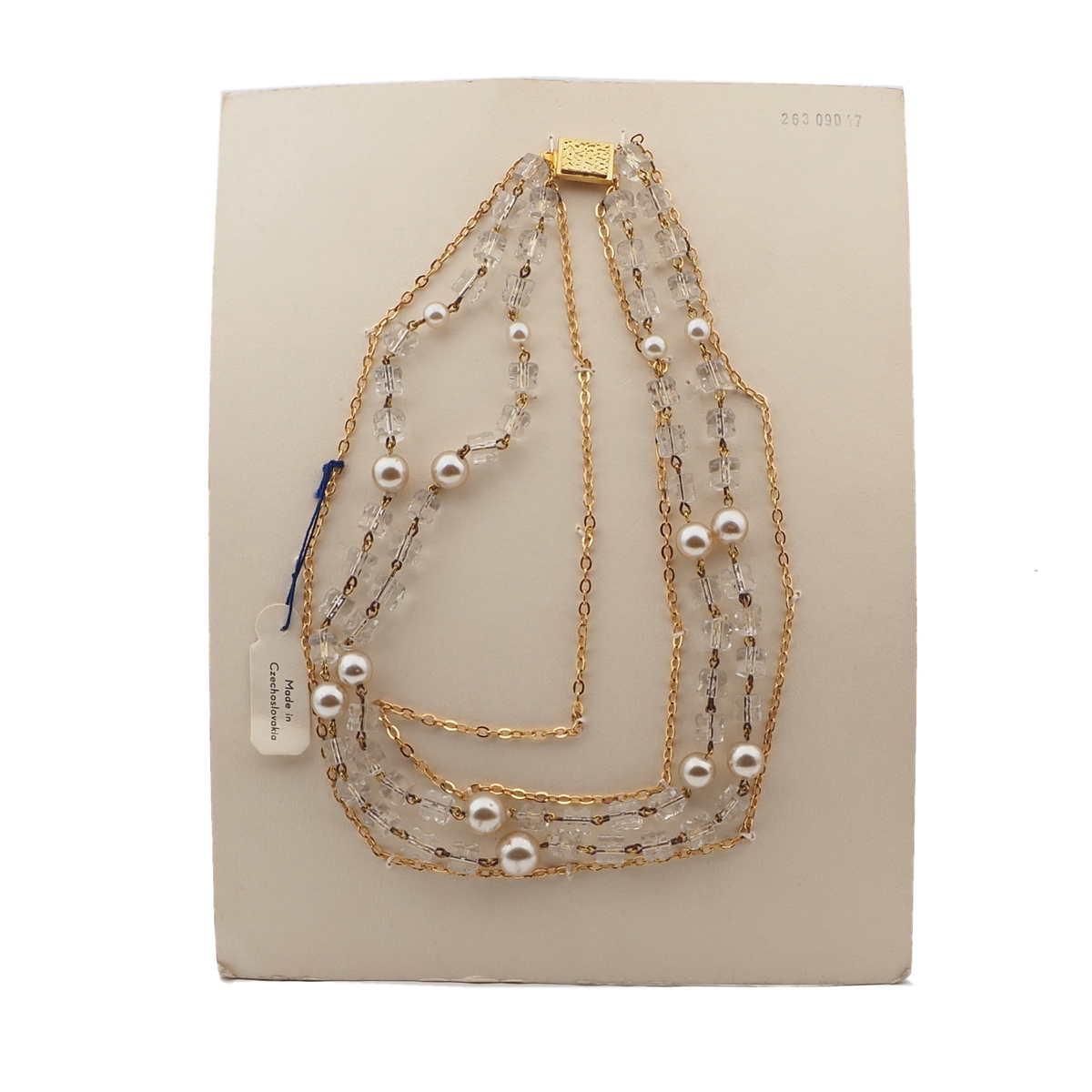 Vintage Czech 2 strand gold chain necklace clear pentagon pearl glass beads 
