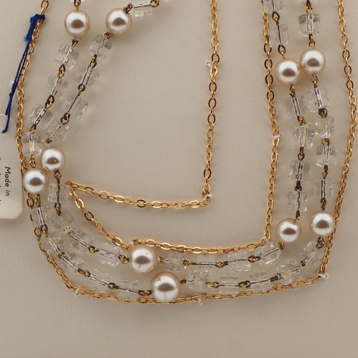 Vintage Czech 2 strand gold chain necklace clear pentagon pearl glass beads 