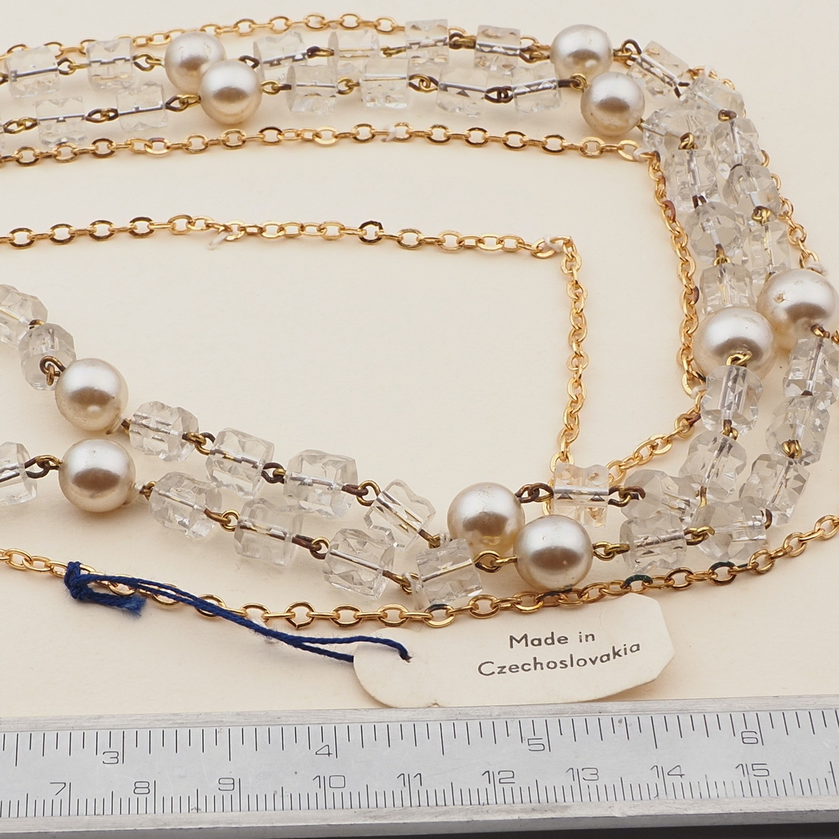 Vintage Czech 2 strand gold chain necklace clear pentagon pearl glass beads 