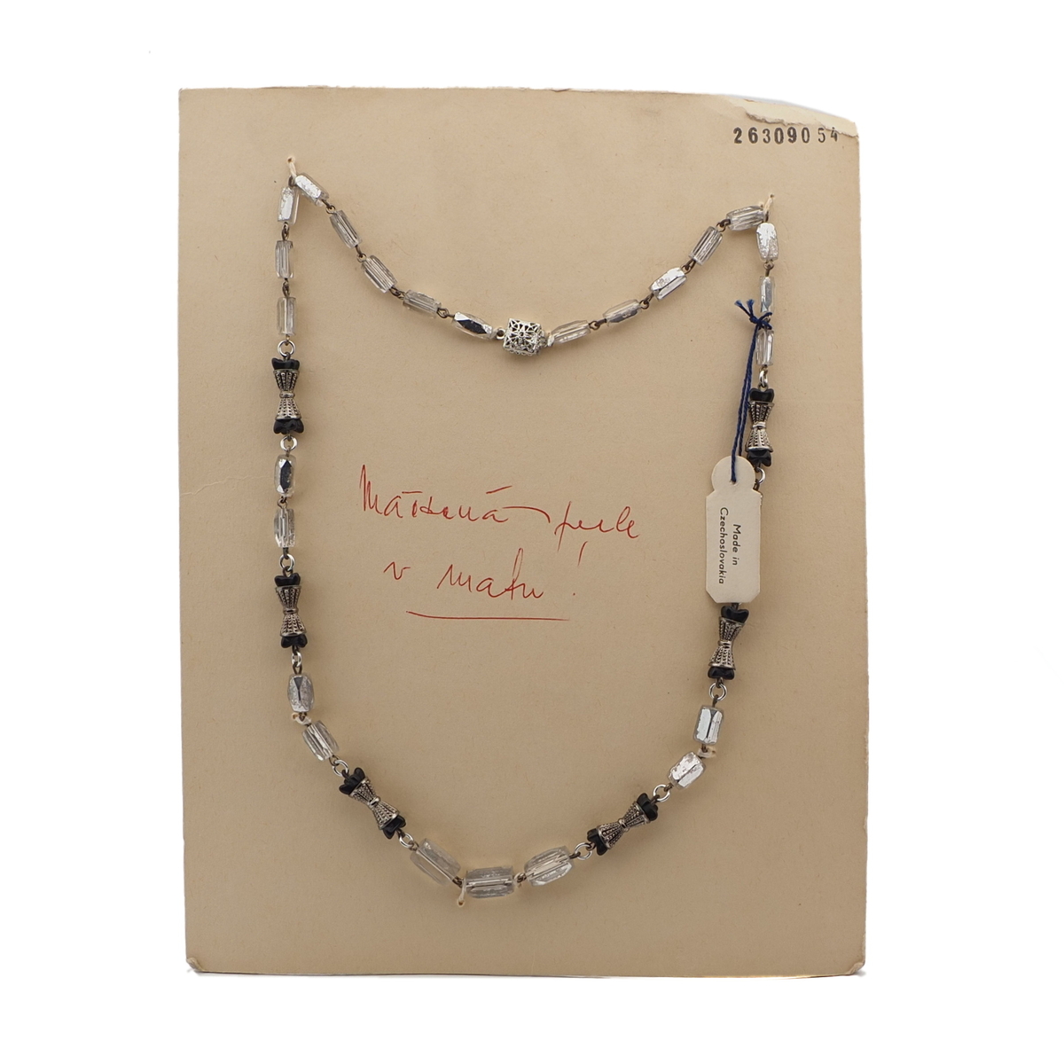 Vintage Czech link necklace part silvered black flower glass beads 