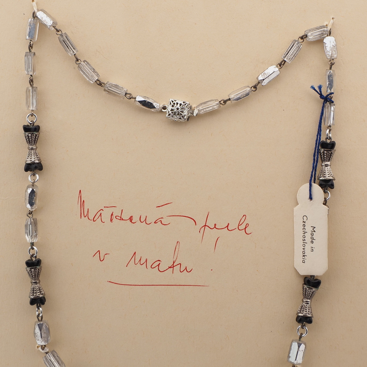 Vintage Czech link necklace part silvered black flower glass beads 