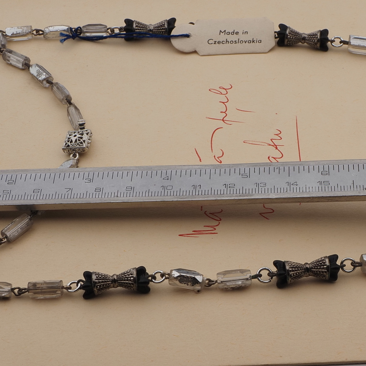 Vintage Czech link necklace part silvered black flower glass beads 