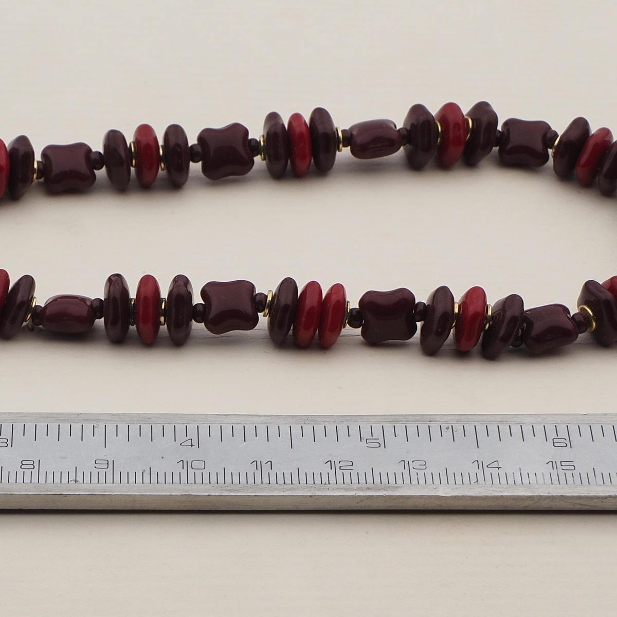 Vintage Czech necklace dark red square hexagon glass beads 