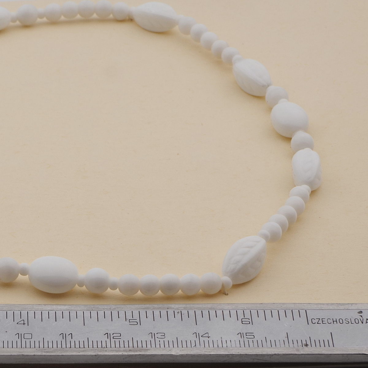 Vintage Czech necklace white round oval glass beads 18"