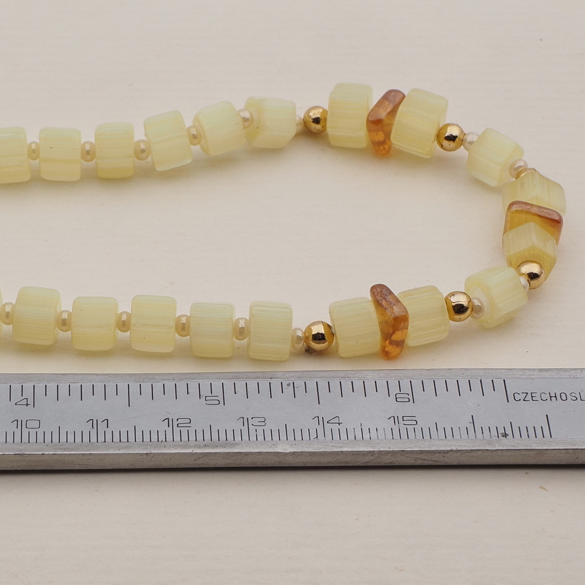 Vintage Czech necklace yellow satin atlas topaz glass beads  
