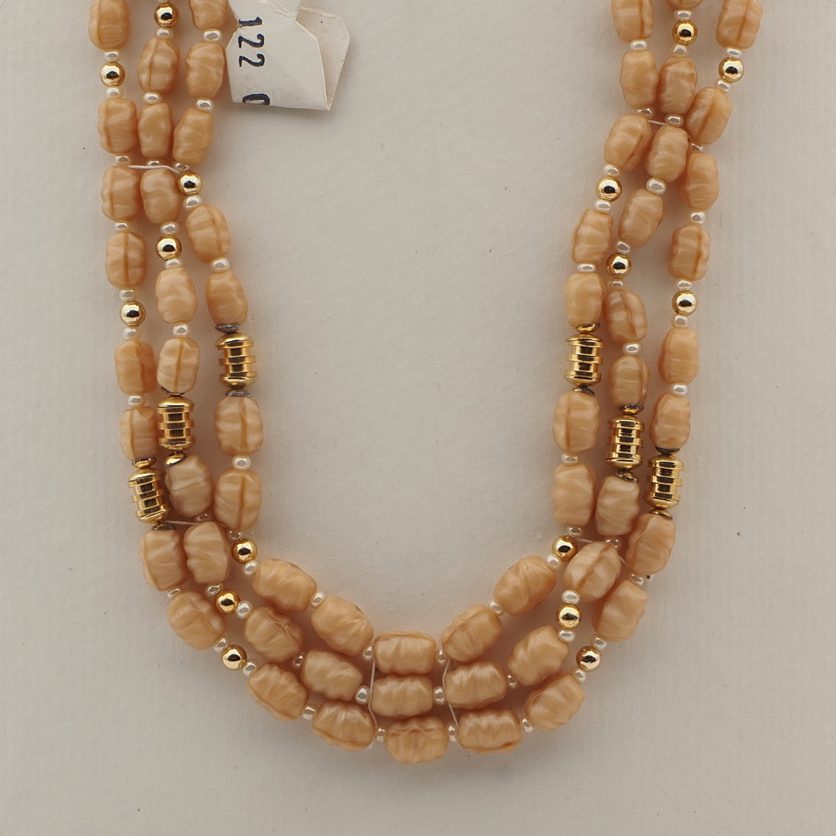 Vintage Czech 3 strand necklace beige oval nugget glass beads  