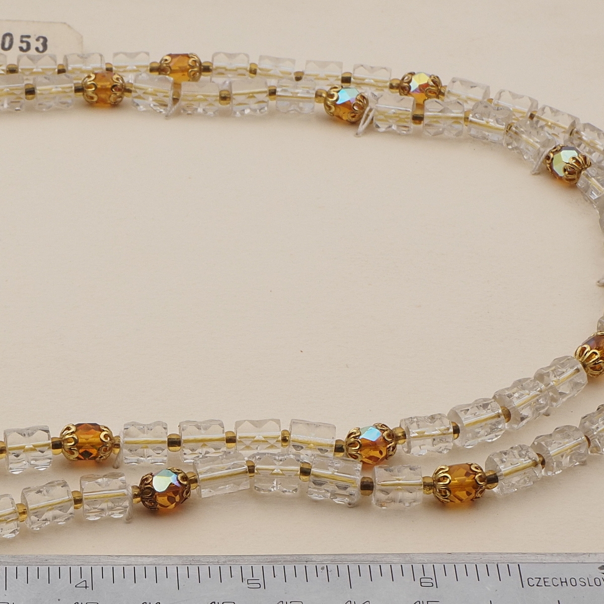 Vintage Czech 2 strand necklace lined crystal vitrail topaz glass beads  