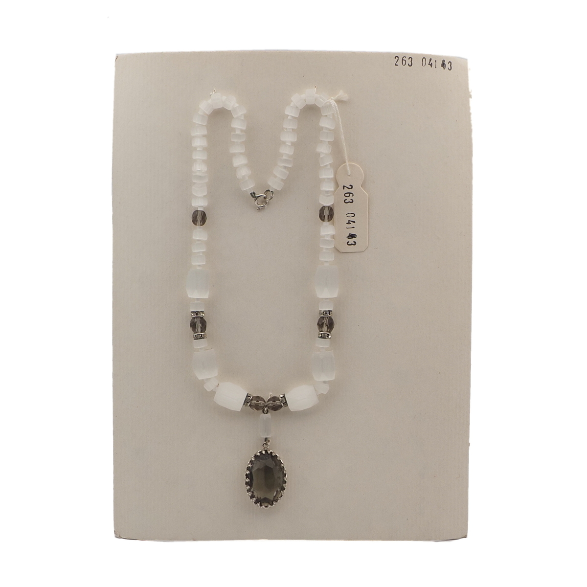 Vintage Czech smoky rhinestone pendant necklace satin atlas glass beads 