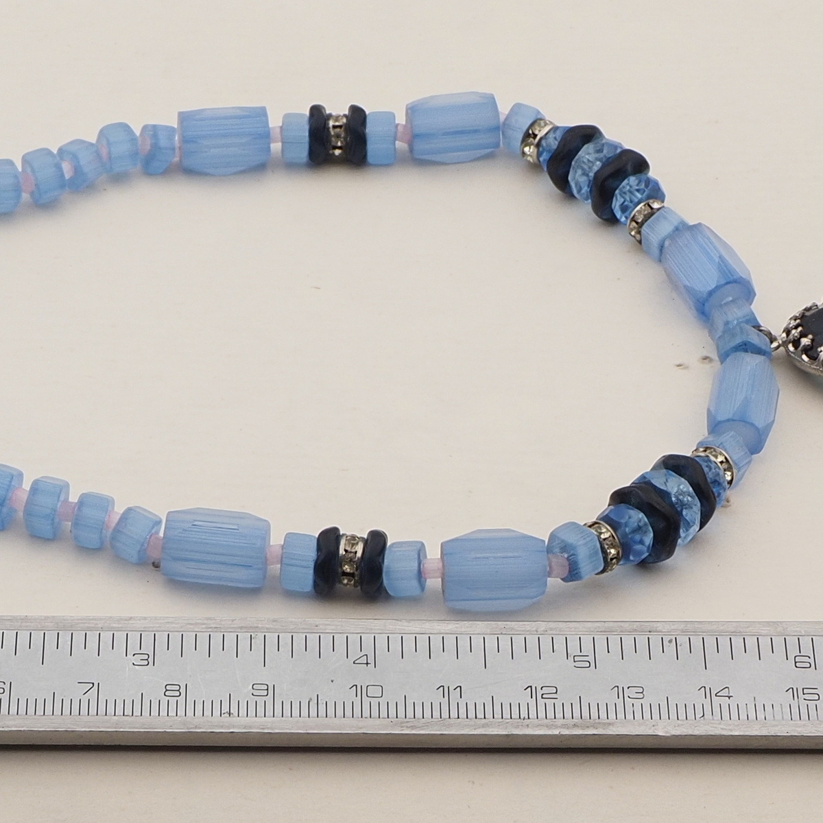 Vintage Czech rhinestone pendant necklace blue satin atlas glass beads 