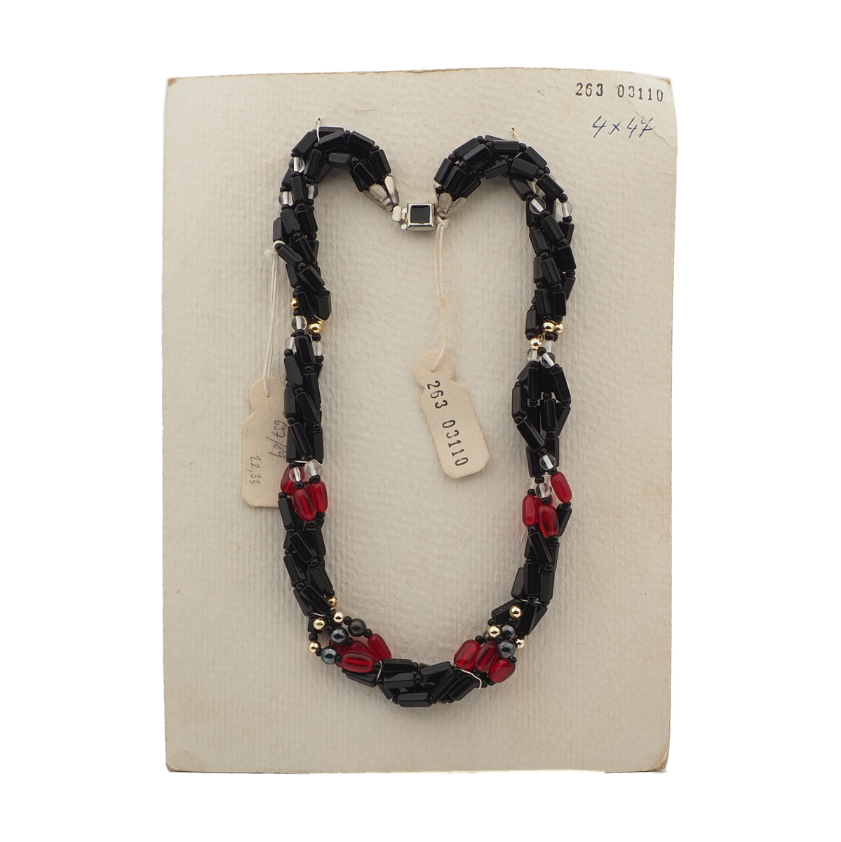 Vintage Czech 4 strand necklace clear black red hematite glass beads 
