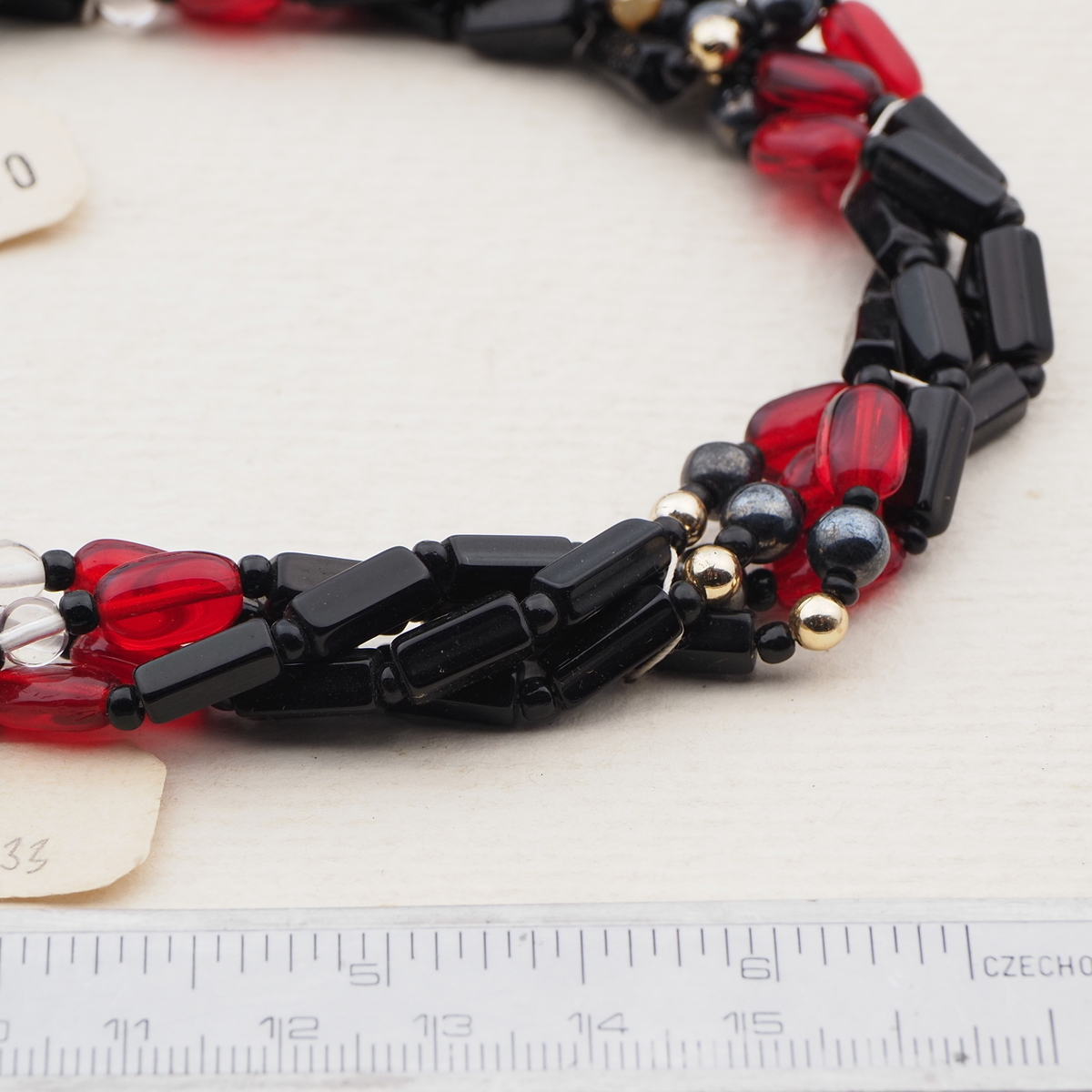 Vintage Czech 4 strand necklace clear black red hematite glass beads 