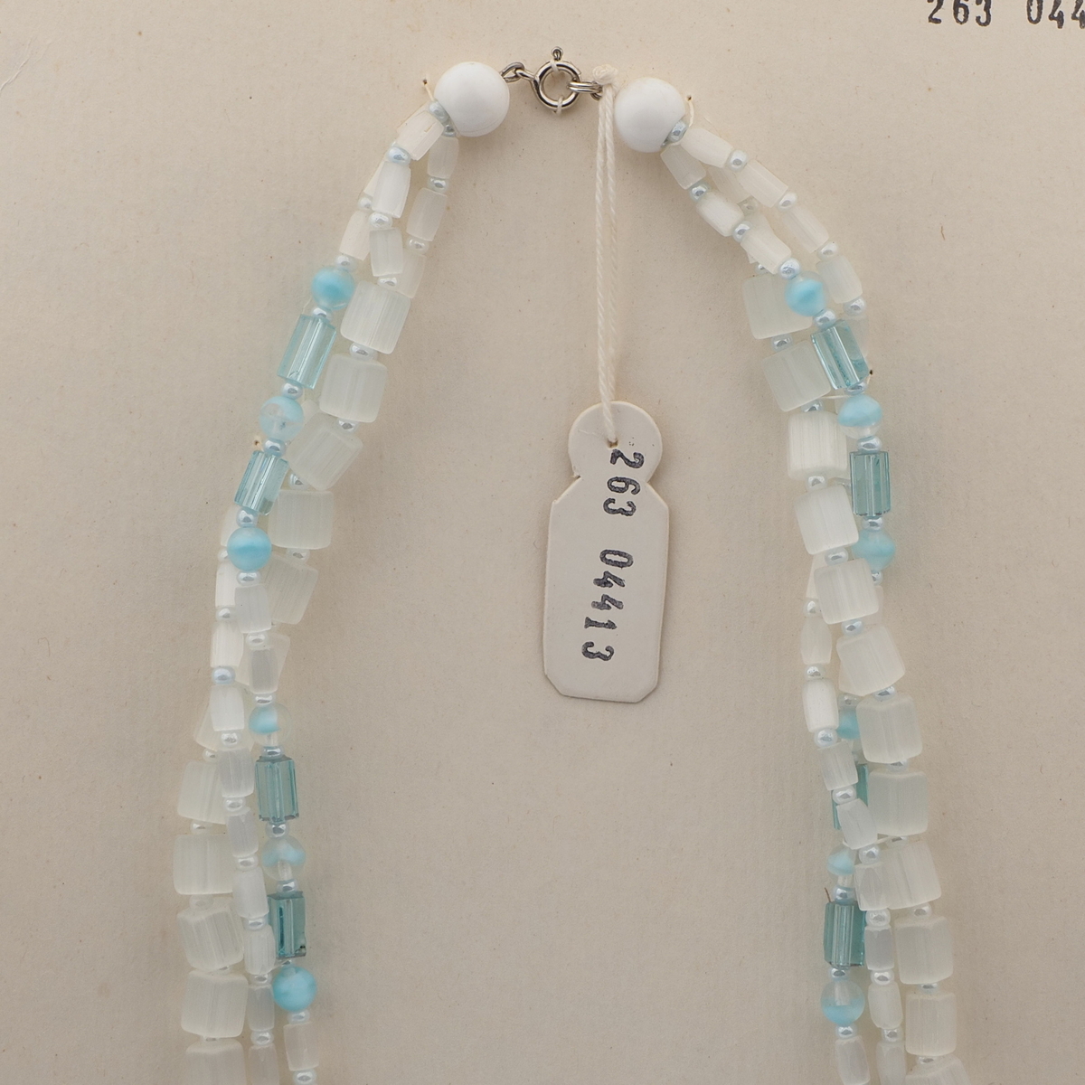 Vintage Czech 3 strand necklace satin atlas bicolor aqua glass beads 