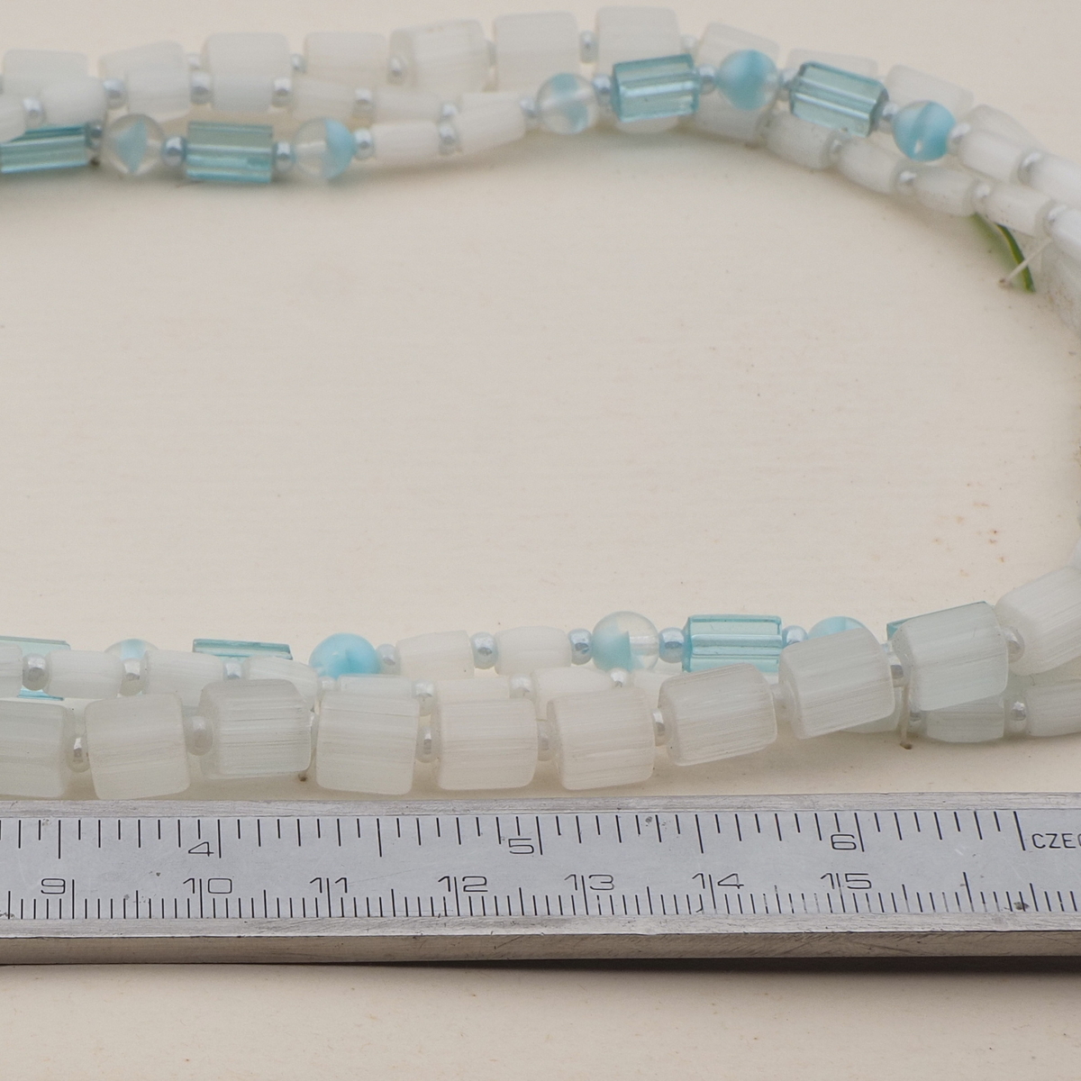 Vintage Czech 3 strand necklace satin atlas bicolor aqua glass beads 