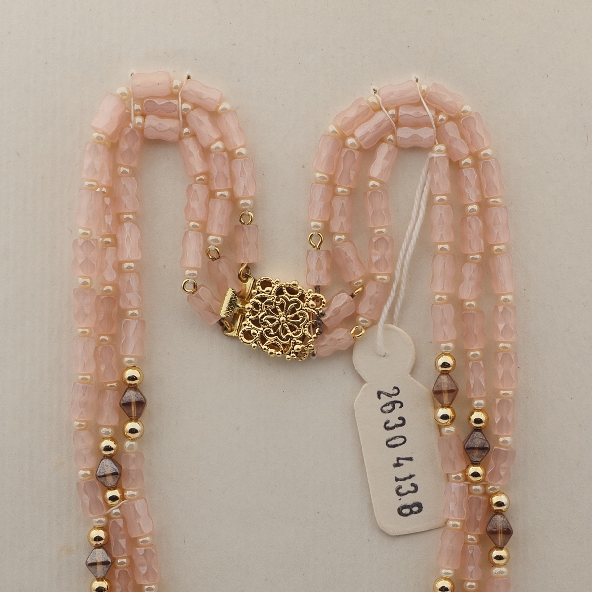 Vintage Czech 3 strand necklace pink satin atlas lustre glass beads 