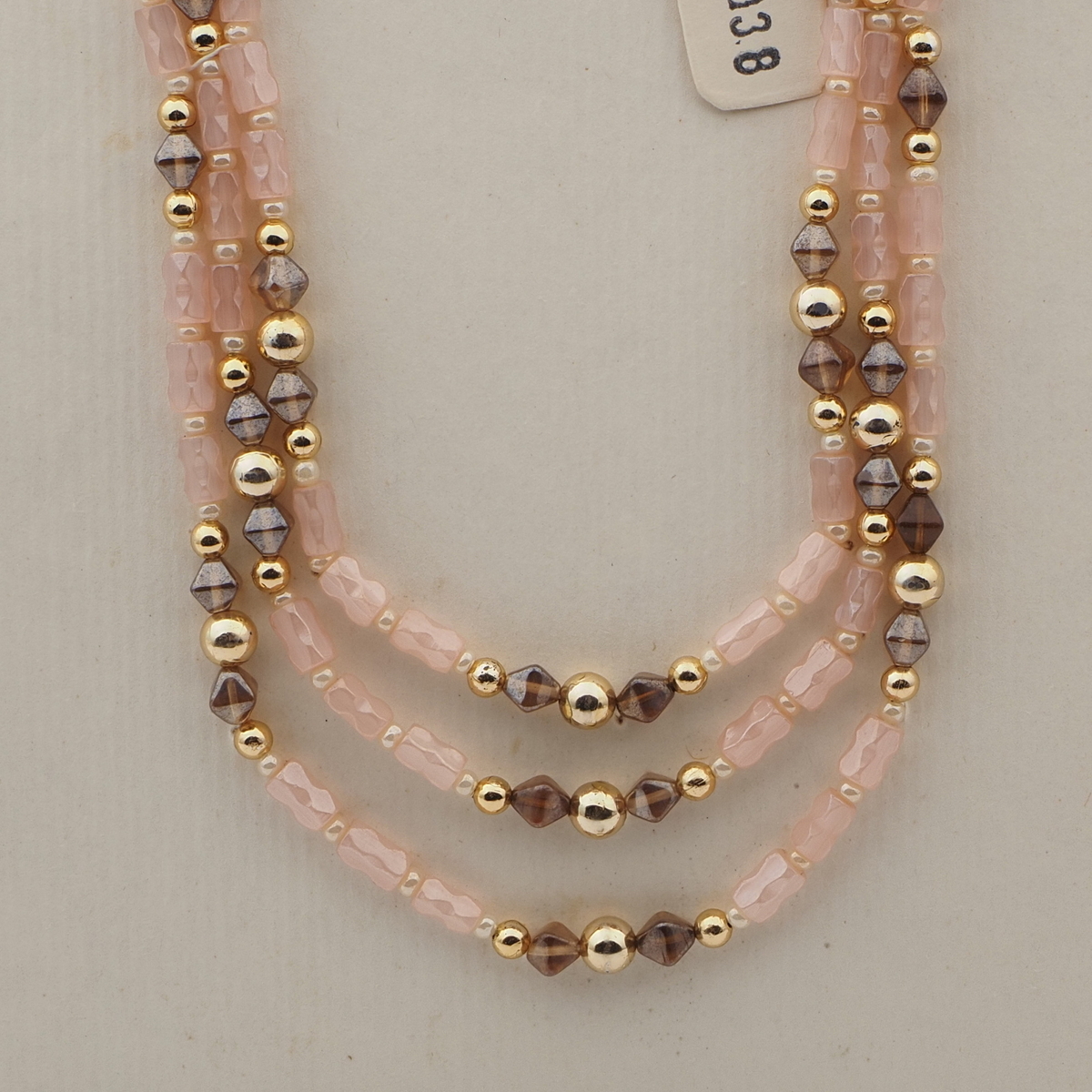Vintage Czech 3 strand necklace pink satin atlas lustre glass beads 