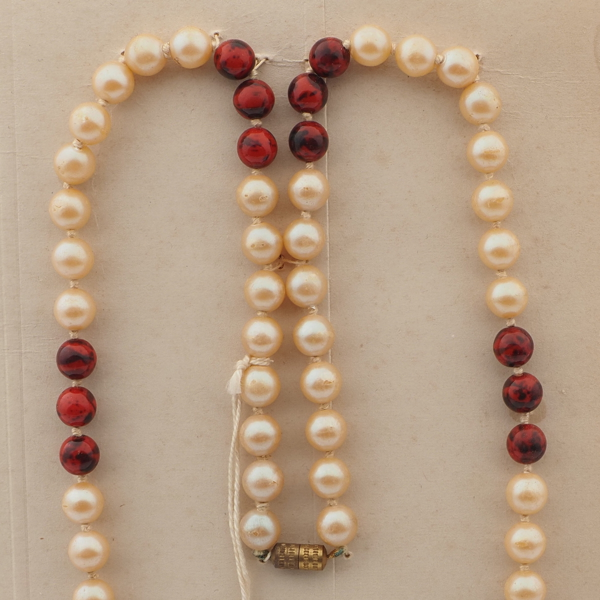 Vintage Czech knotted necklace pearl brown marble glass beads 