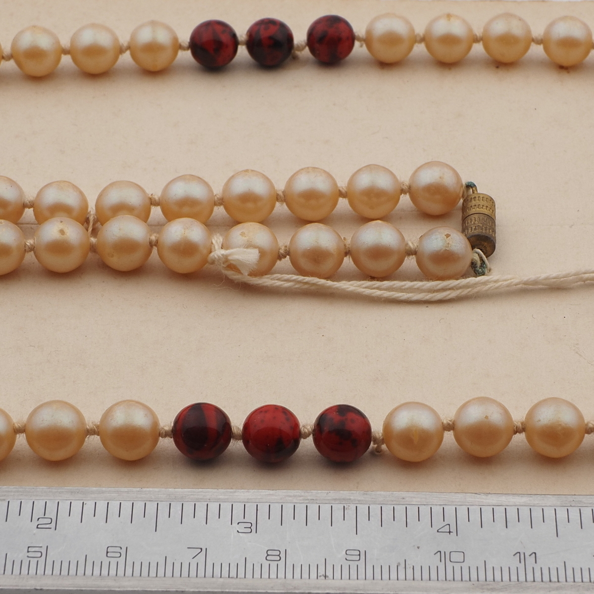 Vintage Czech knotted necklace pearl brown marble glass beads 