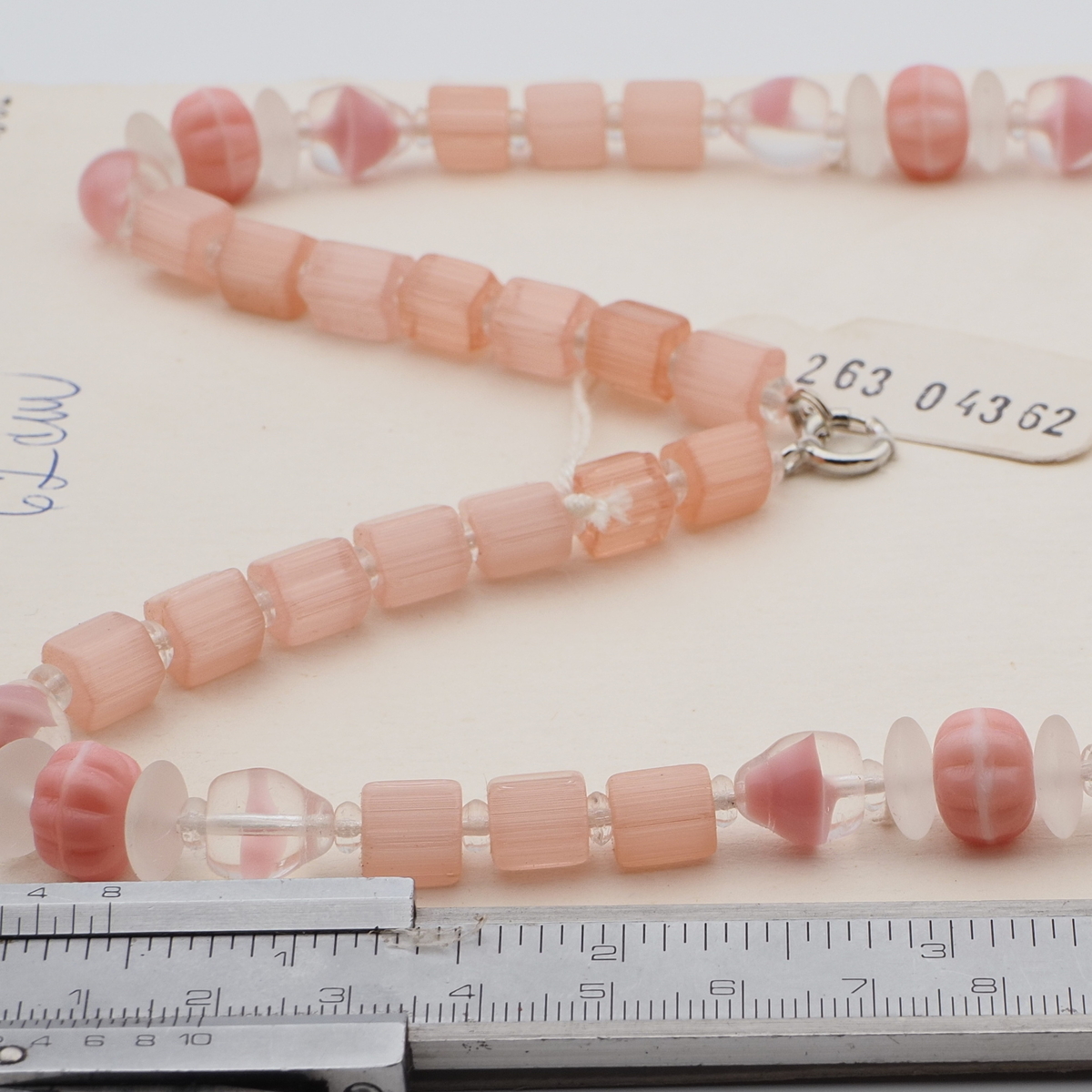 Vintage Czech necklace pink satin atlas bicolor melon glass beads 