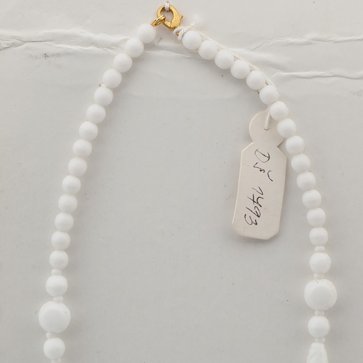 Vintage Czech necklace white oval patterned round glass beads 