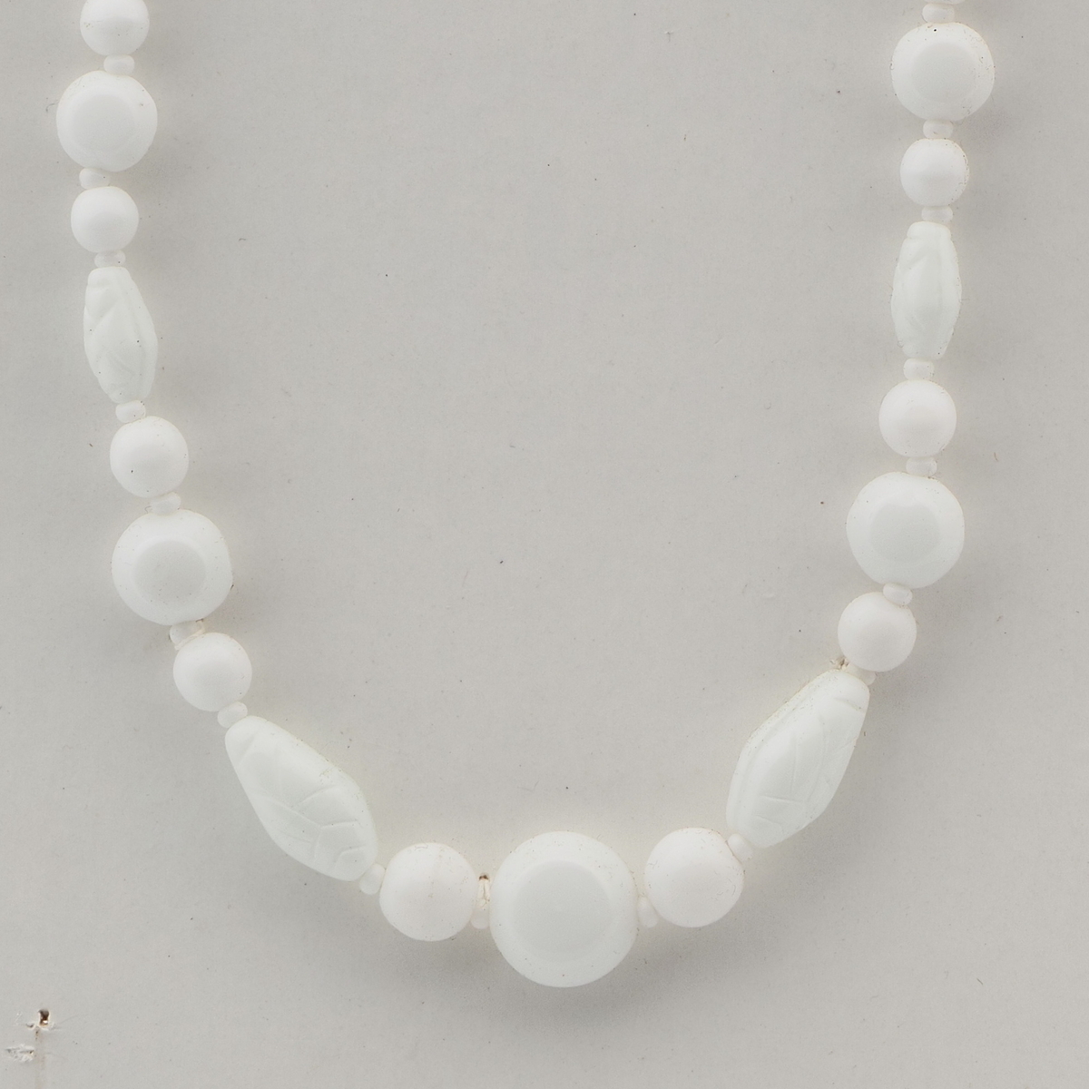 Vintage Czech necklace white oval patterned round glass beads 