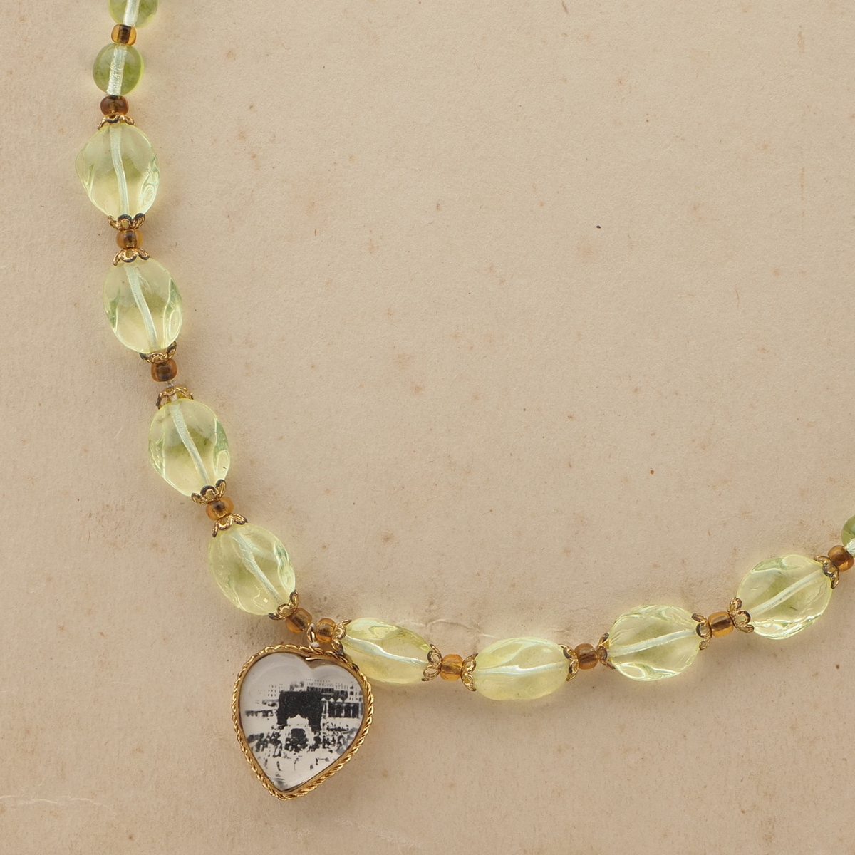 Vintage Czech necklace Uranium round oval glass beads souvenir heart locket pendant
