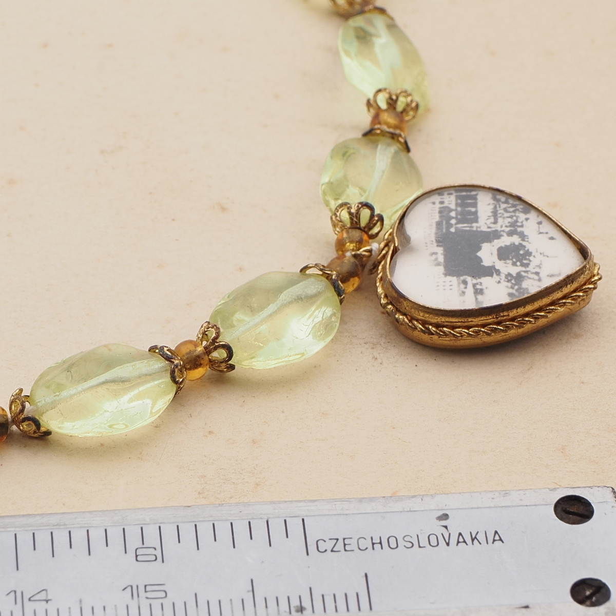 Vintage Czech necklace Uranium round oval glass beads souvenir heart locket pendant