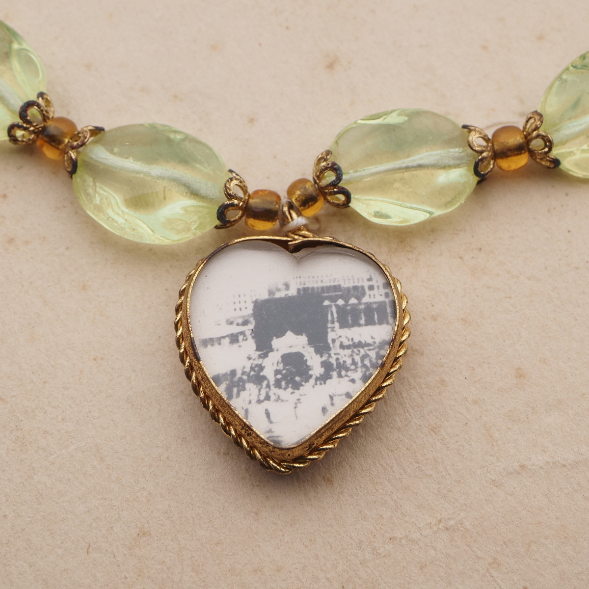 Vintage Czech necklace Uranium round oval glass beads souvenir heart locket pendant